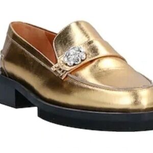 Ganni Loafer Gold 39 US 9 Jewel Embellish Flats Shoe Leather Chunky Block Heel